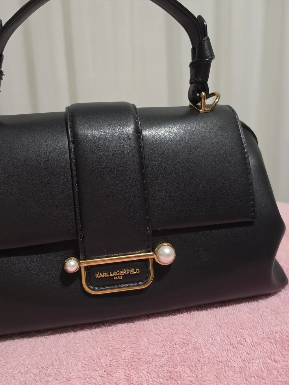 Karl Lagerfeld Black Leather Satchel with Pearl and Gold Accents - Picture 6 of 13